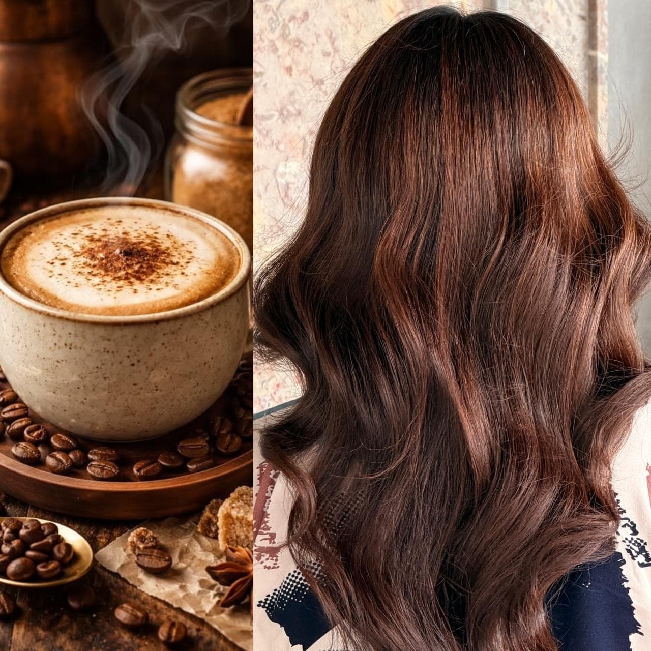 Rich coffee-brown hair colour, glossy waves