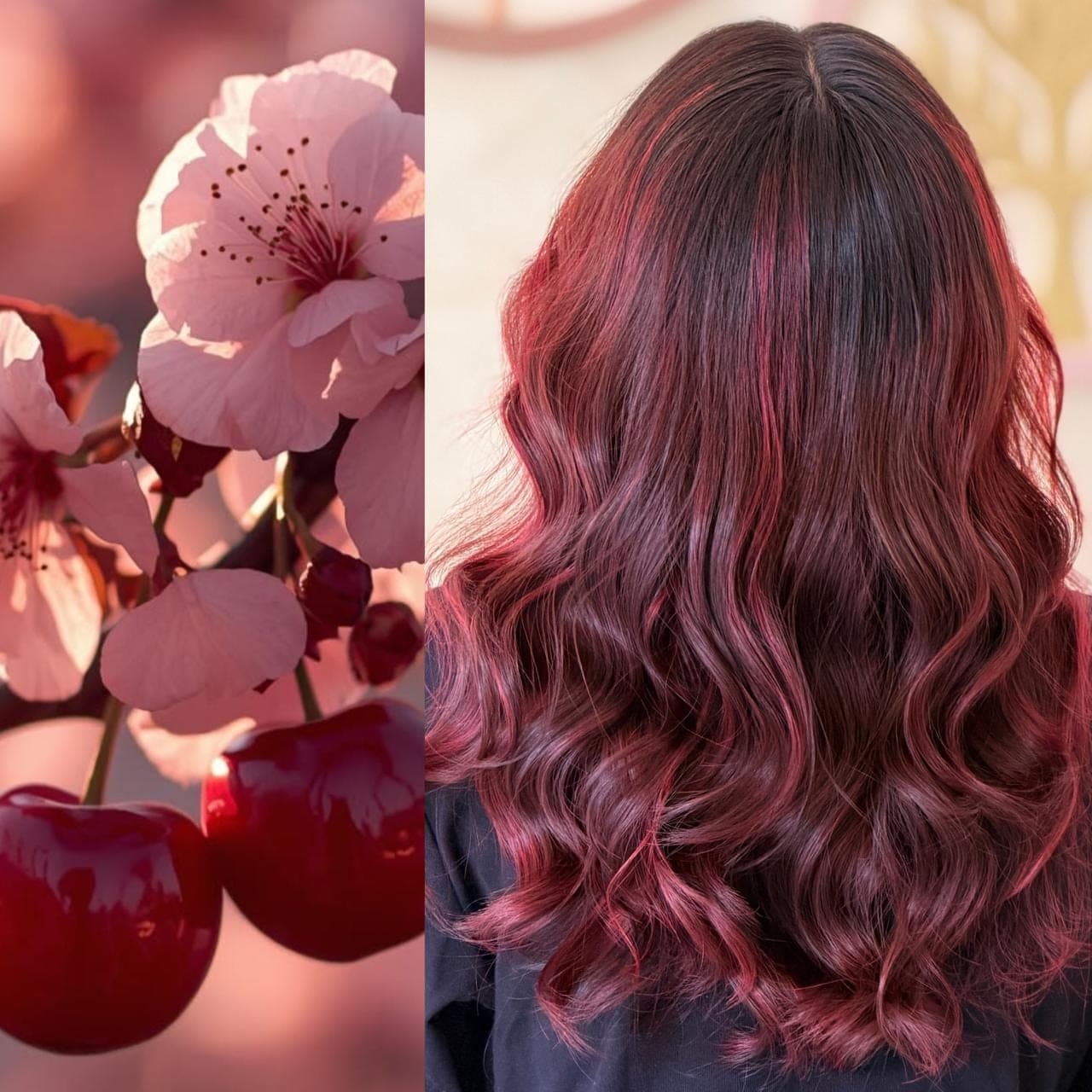 Cherry-red balayage on dark waves