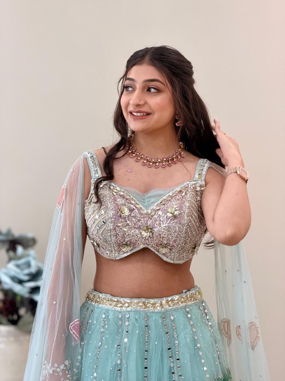 Soft-glam party make-up, mint lehenga