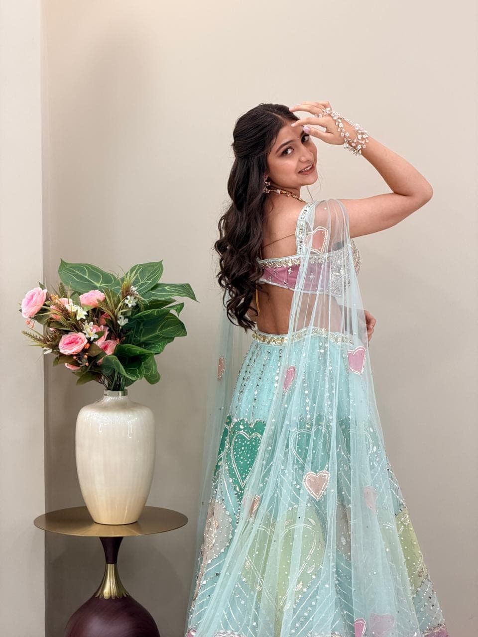 Editorial party glam, mint lehenga
